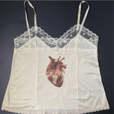 Bxoxo Y2K Gothic Aesthetic Emo Girls Chic Heart Pattern Print Punk Harajuku Streetwear Lace White women's Sleeveless Camisole baby Top